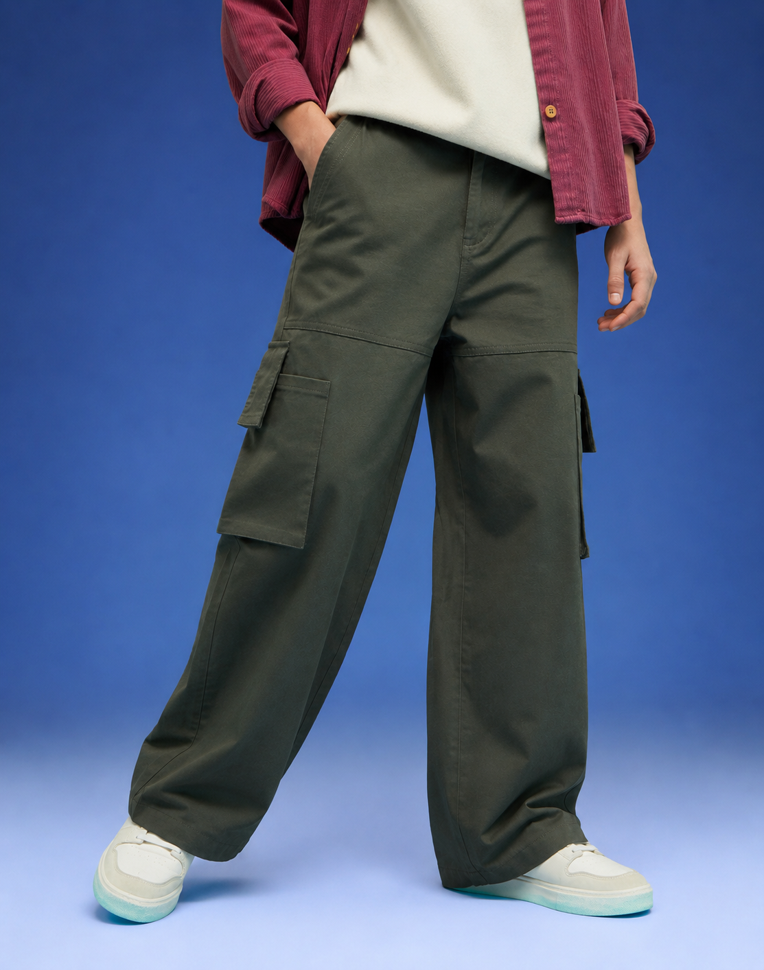 Premium Olive Green Wide-Leg Cargo Pants for Men