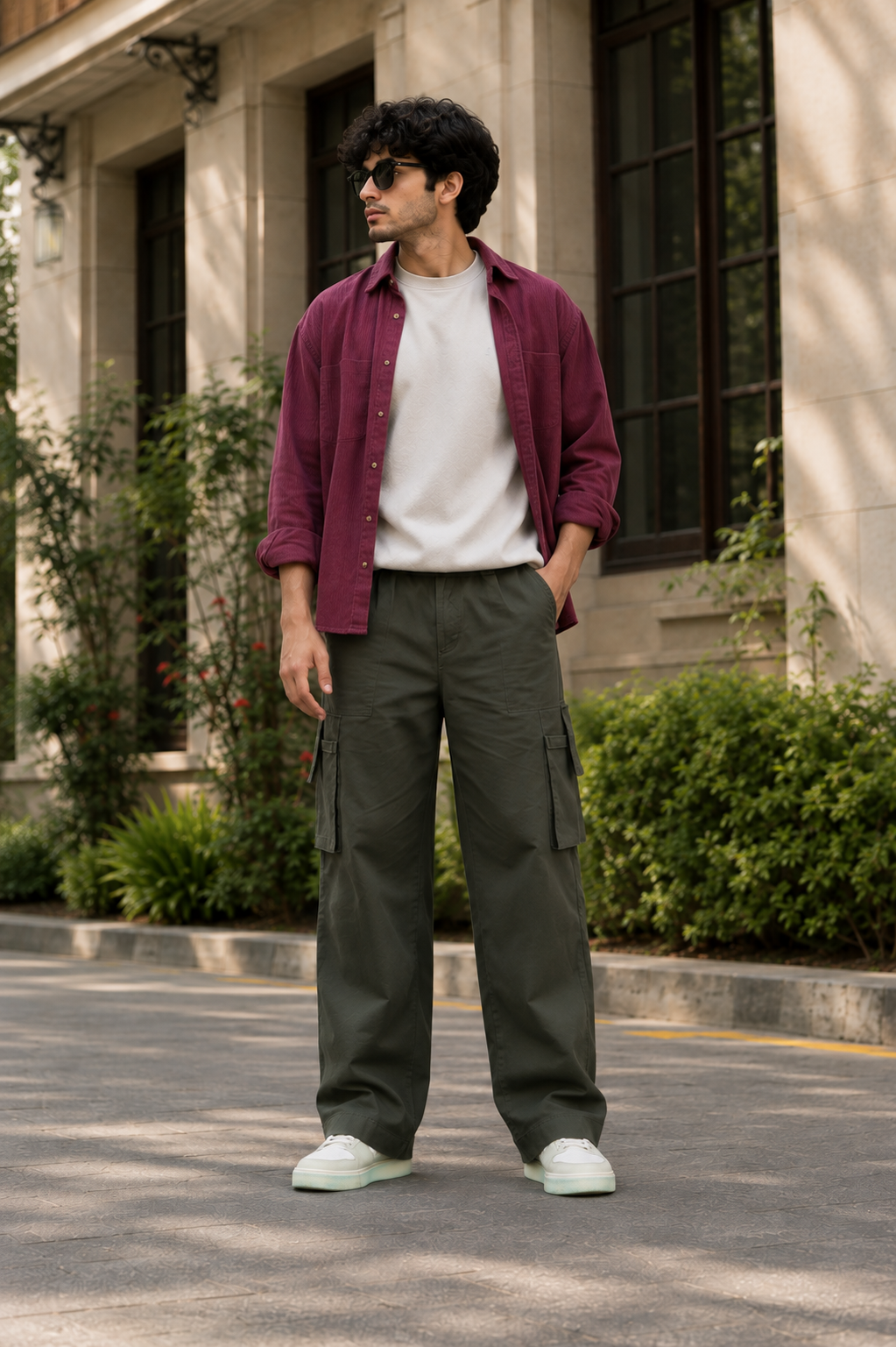 Premium Olive Green Wide-Leg Cargo Pants for Men