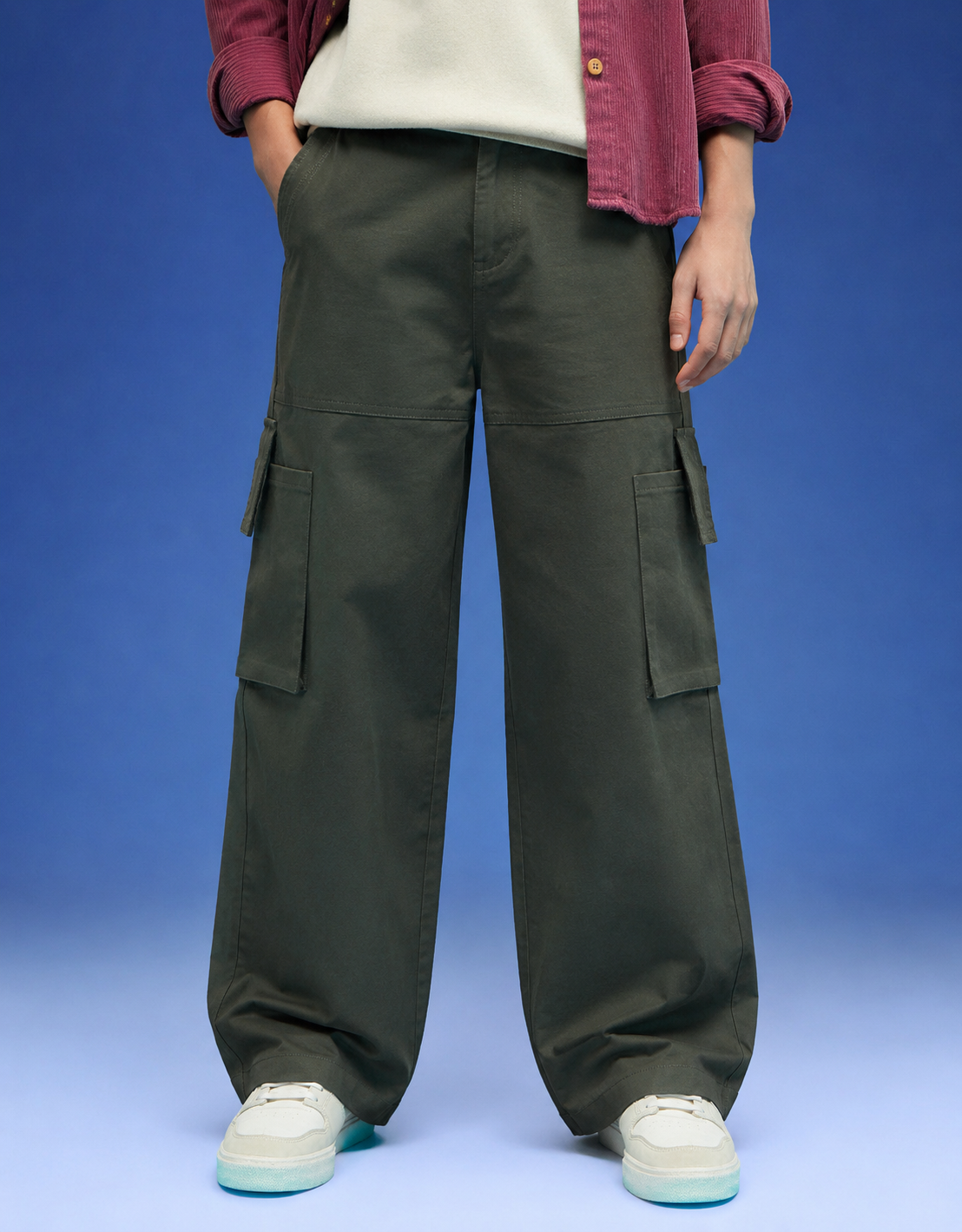 Premium Olive Green Wide-Leg Cargo Pants for Men